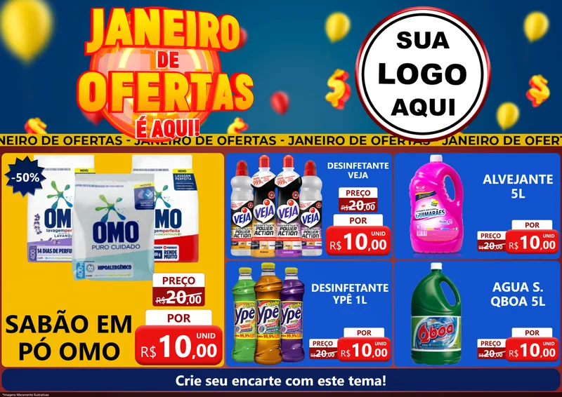 Modelo de Encarte para Encarte A4 Horizontal com o tema Janeiro de Ofertas É Aqui! para Produtos de Limpeza