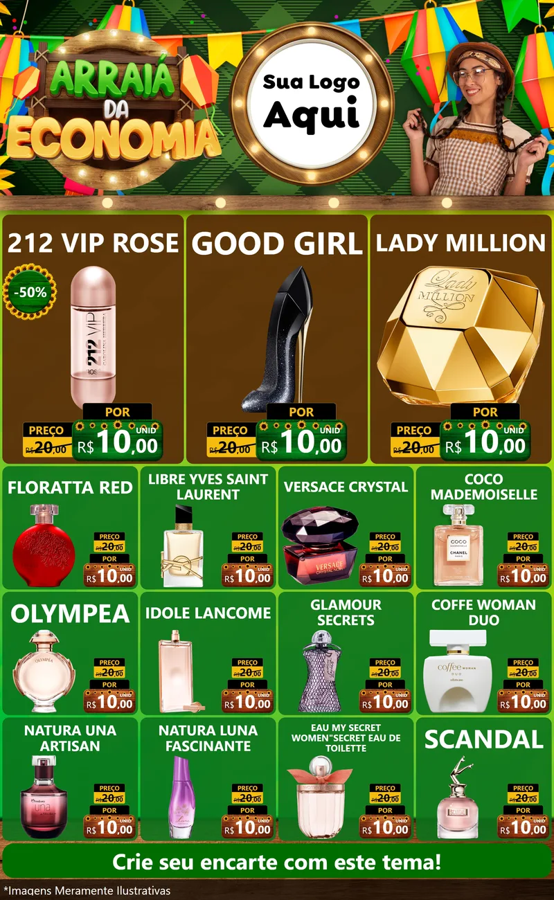 Modelo de Encarte para Encarte Grande com o tema Arraiá de Economia para Perfumes