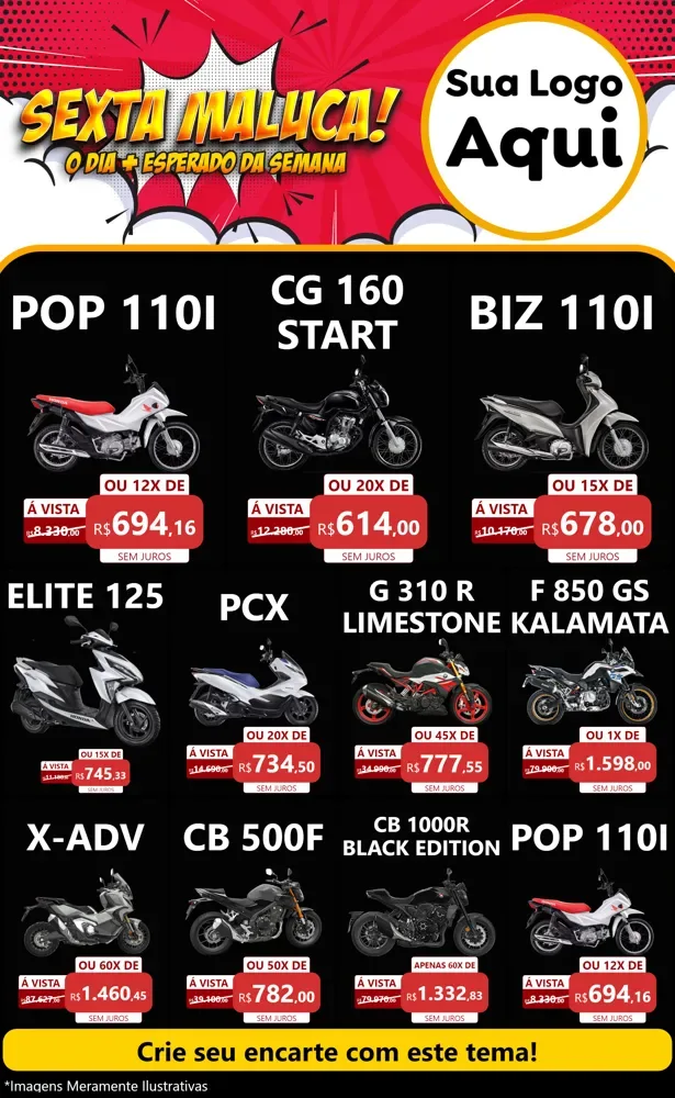 Modelo de Encarte para Encarte Grande com o tema Sexta Maluca! para Concessionaria de Motos