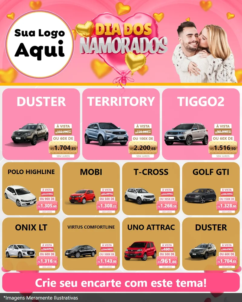 Modelo de Rede Social para Feed Instagram com o tema Dia dos Namorados para Concessionaria de Carros