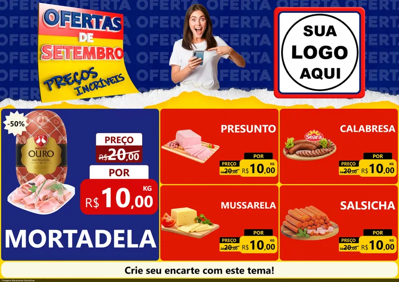 Modelo de Encarte para Encarte A4 Horizontal com o tema Ofertas de Setembro - Preços Incríveis para Frios e Laticínios