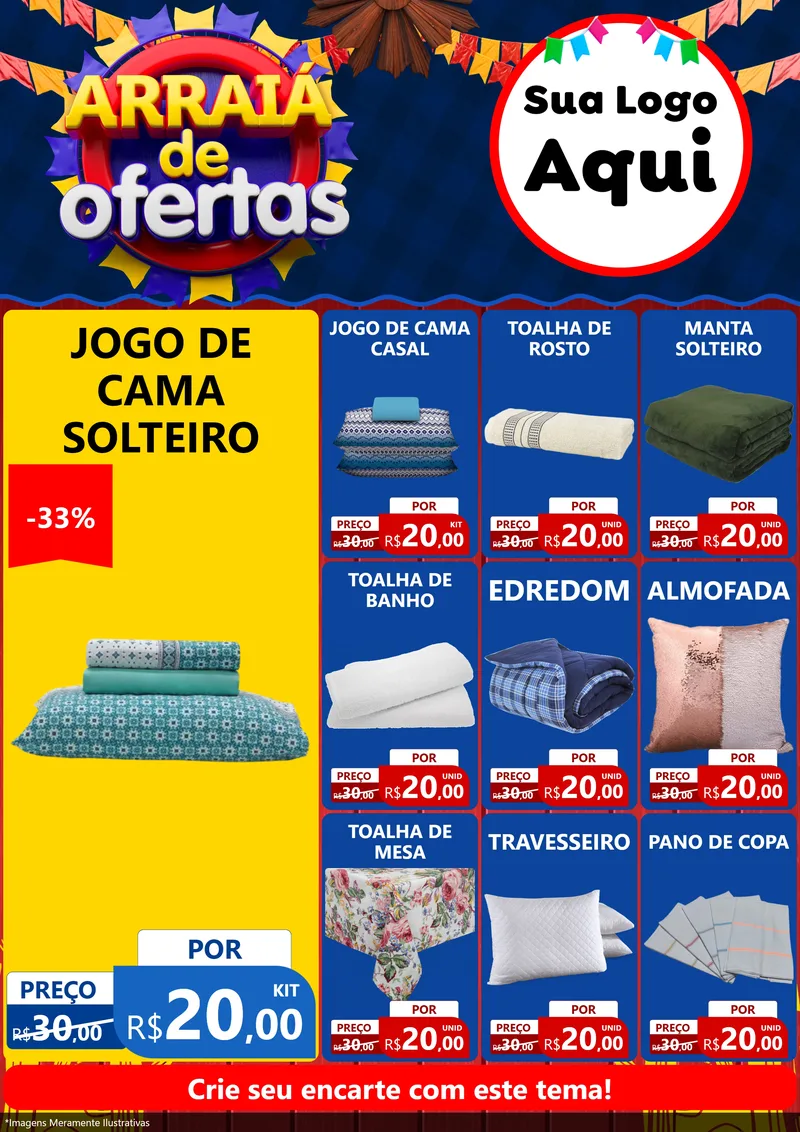 Modelo de Encarte para Encarte A4 Vertical com o tema Arraiá de Ofertas para Cama, Mesa e Banho