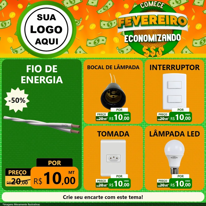 Modelo de Rede Social para Feed Facebook com o tema Comece Fevereiro Economizando para Materiais Elétricos