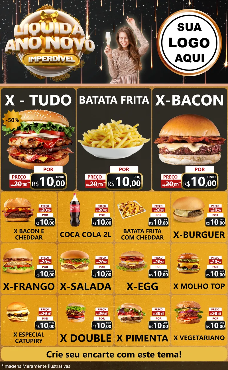 Modelo de Encarte para Encarte Grande com o tema Liquida Ano Novo Imperdível para Hamburgueria