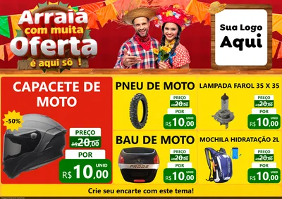 Modelo de Encarte para Encarte A4 Horizontal com o tema Arraiá Com Muita Oferta - É Aqui Sô! para Moto peças