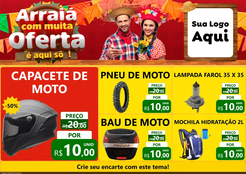 Modelo de Encarte para Encarte A4 Horizontal com o tema Arraiá Com Muita Oferta - É Aqui Sô! para Moto peças