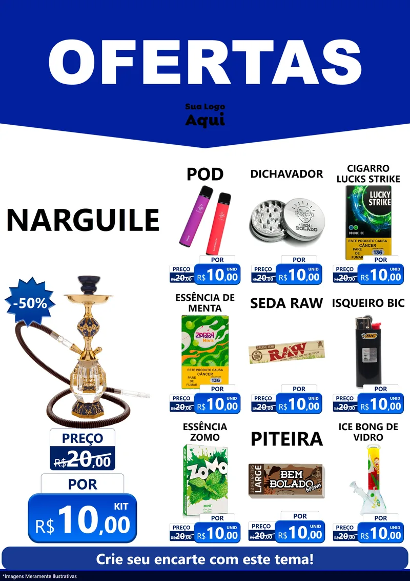 Modelo de Encarte para Encarte A4 Vertical com o tema Ofertas Azul Cartaz para Tabacaria