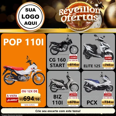 Modelo de Rede Social para Feed Facebook com o tema Réveillon de Ofertas para Concessionaria de Motos