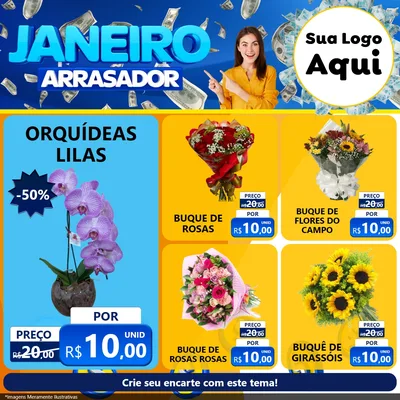 Modelo de Rede Social para Feed Facebook com o tema Janeiro Arrasador para Floricultura e jardim