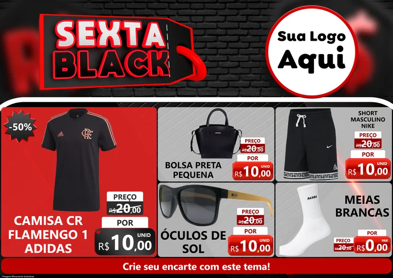 Modelo de Encarte para Encarte A4 Horizontal com o tema Sexta Black para Roupas e acessórios