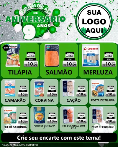 Modelo de Rede Social para Feed Instagram com o tema Promoção de Aniversário - 9 Anos para Peixaria