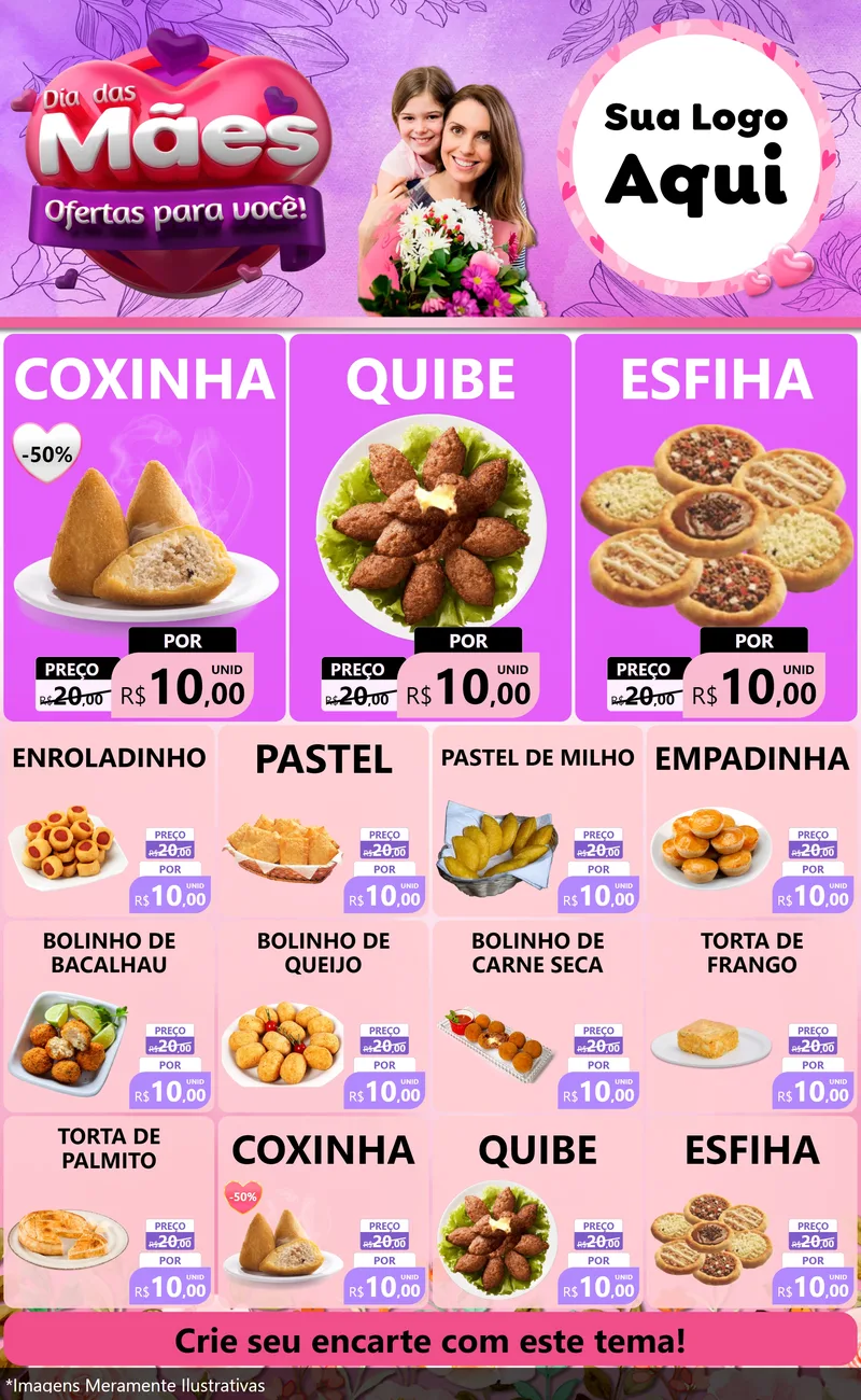 Modelo de Encarte para Encarte Grande com o tema Dia das Mães Ofertas para Você! para Salgadaria