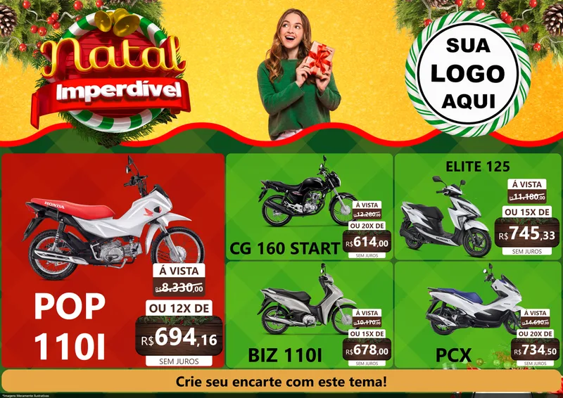 Modelo de Encarte para Encarte A4 Horizontal com o tema Natal Imperdível para Concessionaria de Motos