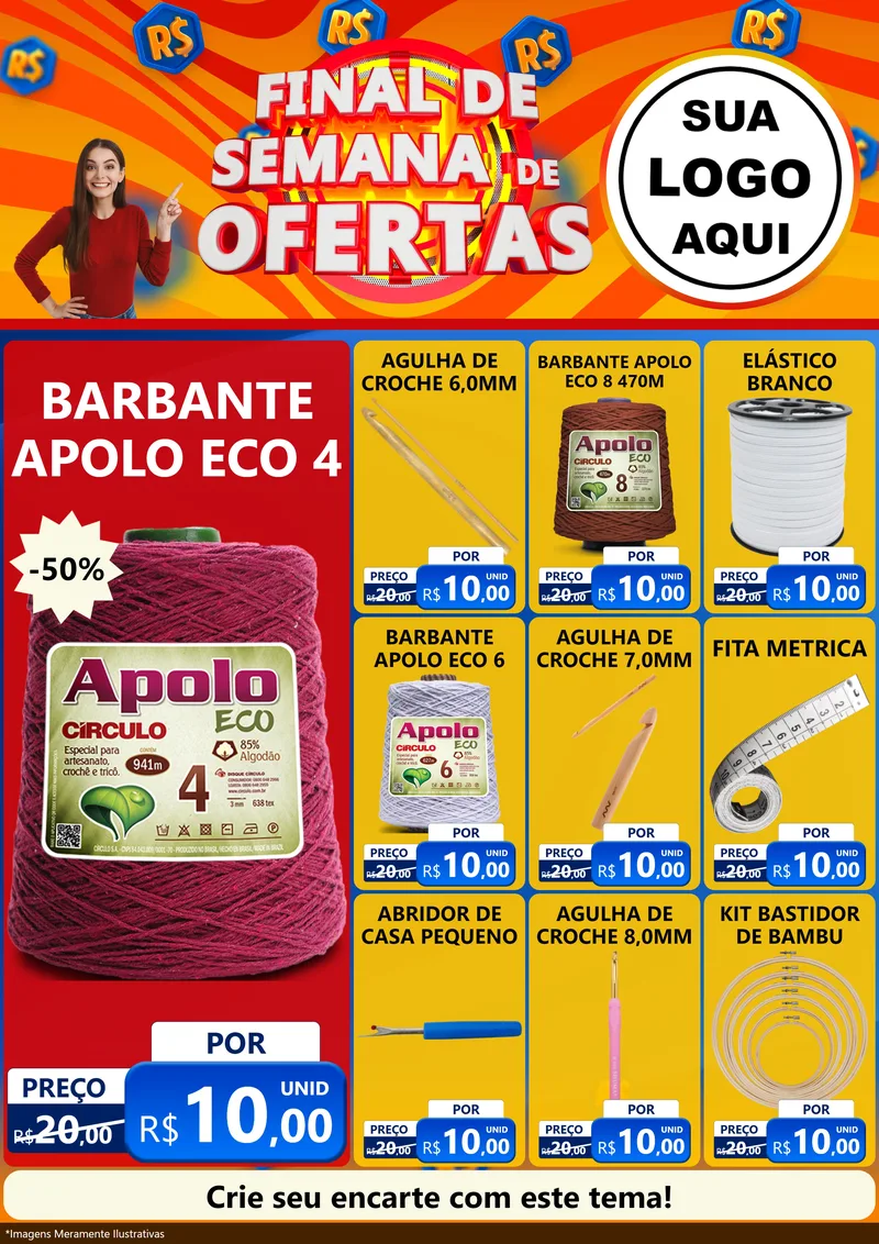 Modelo de Encarte para Encarte A4 Vertical com o tema Final de Semana de Ofertas para Armarinho e Aviamentos