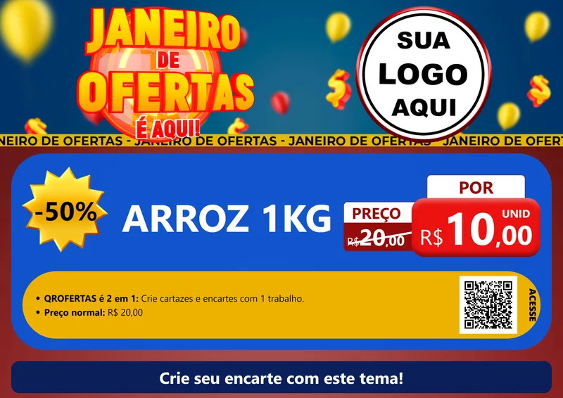 Modelo de Cartaz para Cartaz A4 Horizontal com o tema Janeiro de Ofertas É Aqui! para Supermercado