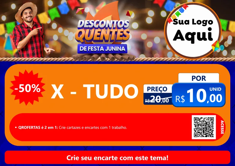 Modelo de Cartaz para Cartaz A4 Horizontal com o tema Descontos Quentes de Festa Junina para Hamburgueria