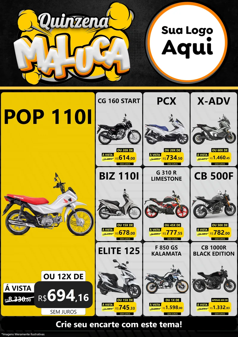 Modelo de Encarte para Encarte A4 Vertical com o tema Quinzena Maluca para Concessionaria de Motos