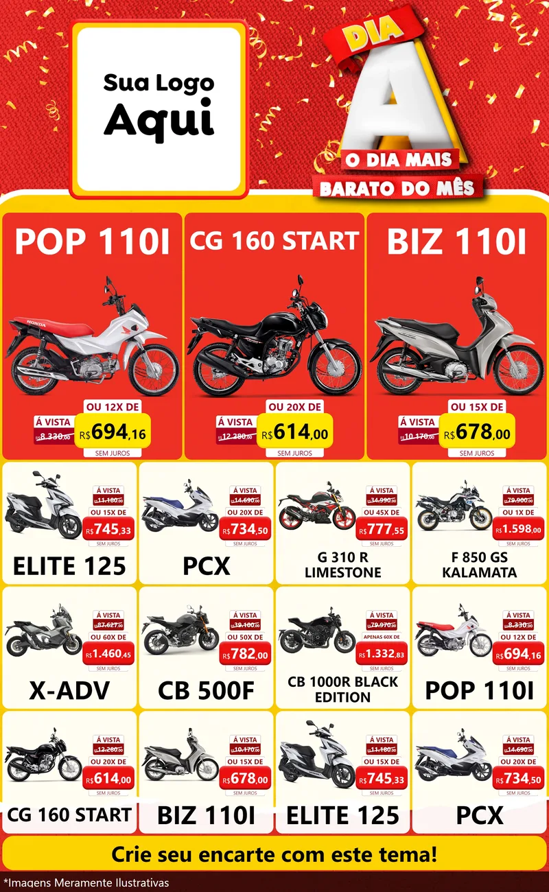 Modelo de Encarte para Encarte Grande com o tema Dia A o Dia Mais Barato do Mês para Concessionaria de Motos