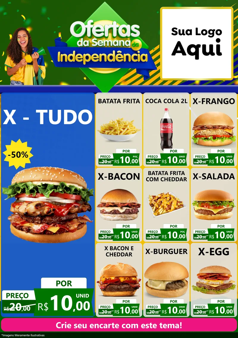 Modelo de Encarte para Encarte A4 Vertical com o tema Ofertas da Semana da Independência para Hamburgueria