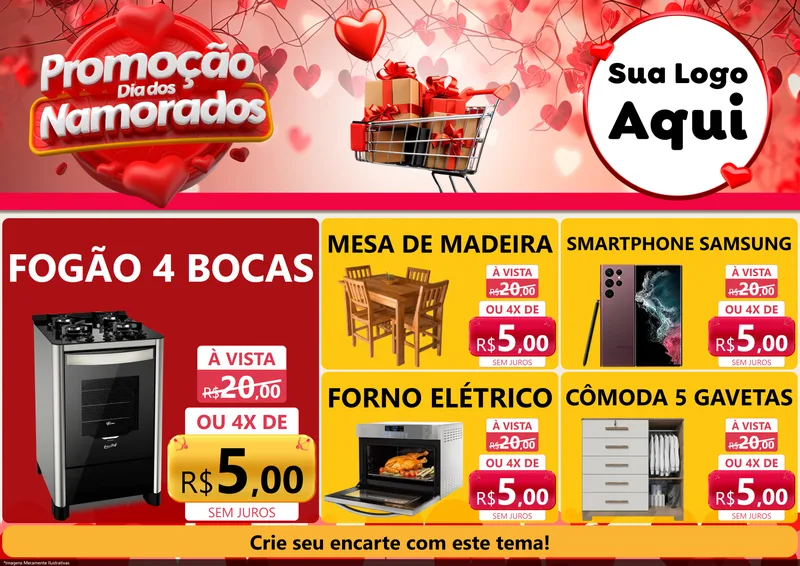 Modelo de Encarte para Encarte A4 Horizontal com o tema Promoção Dia dos Namorados para Móveis e Eletro