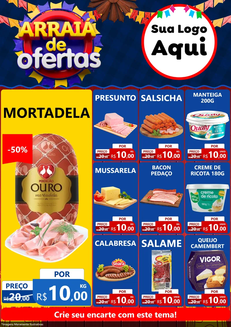 Modelo de Encarte para Encarte A4 Vertical com o tema Arraiá de Ofertas para Frios e Laticínios