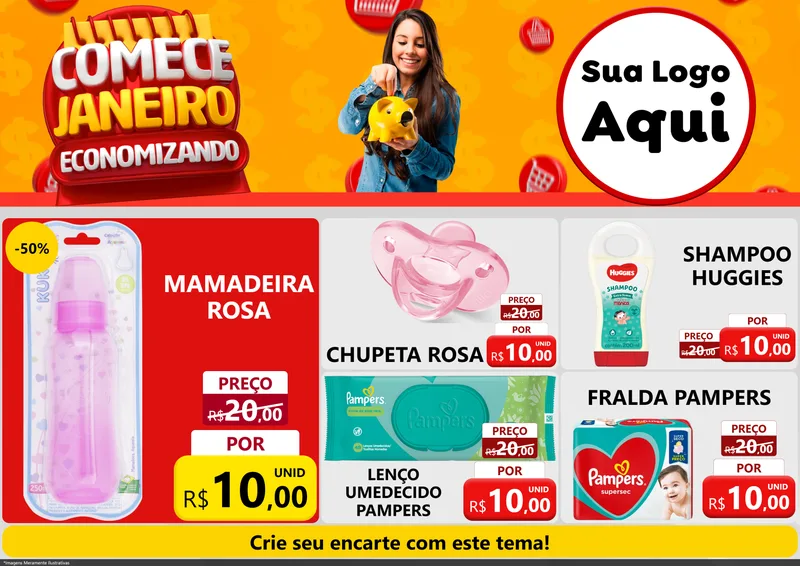 Modelo de Encarte para Encarte A4 Horizontal com o tema Comece Janeiro Economizando para Bebês