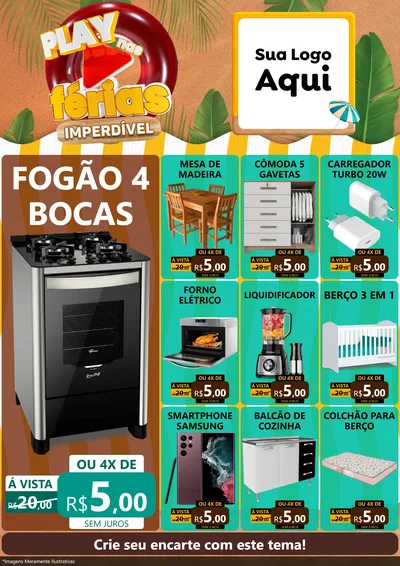 Modelo de Encarte para Encarte A4 Vertical com o tema Play Nas Férias Imperdível para Móveis e Eletro