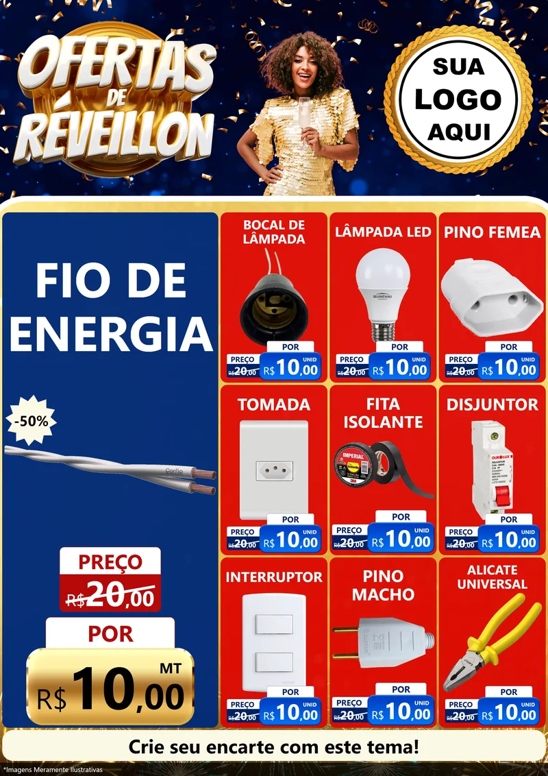 Modelo de Encarte para Encarte A4 Vertical com o tema Ofertas de Réveillon para Materiais Elétricos