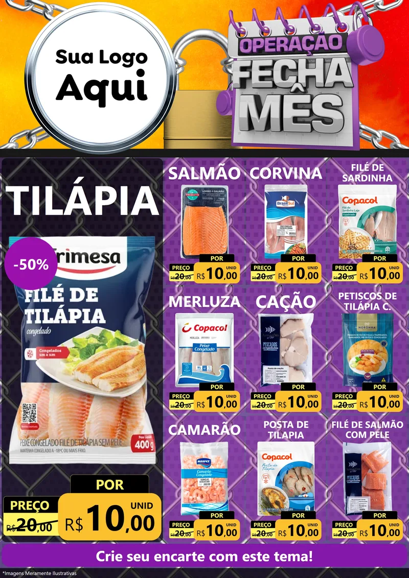 Modelo de Encarte para Encarte A4 Vertical com o tema Operação Fecha Mês para Peixaria