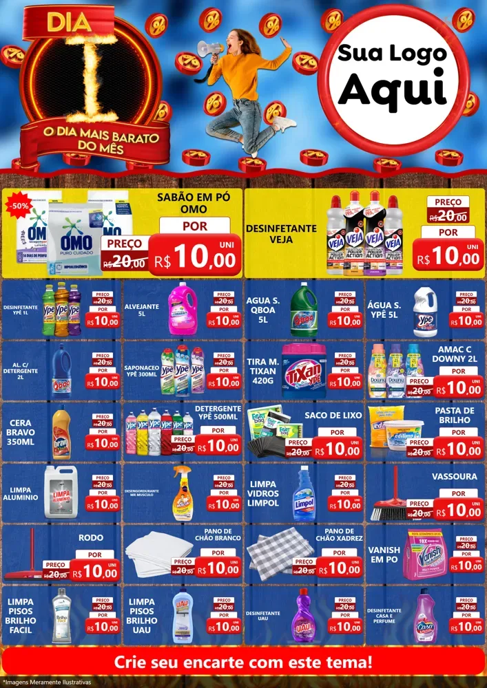 Modelo de Encarte para Encarte A4 Vertical com o tema Dia I - O Dia Mais Barato Do Mês para Produtos de Limpeza