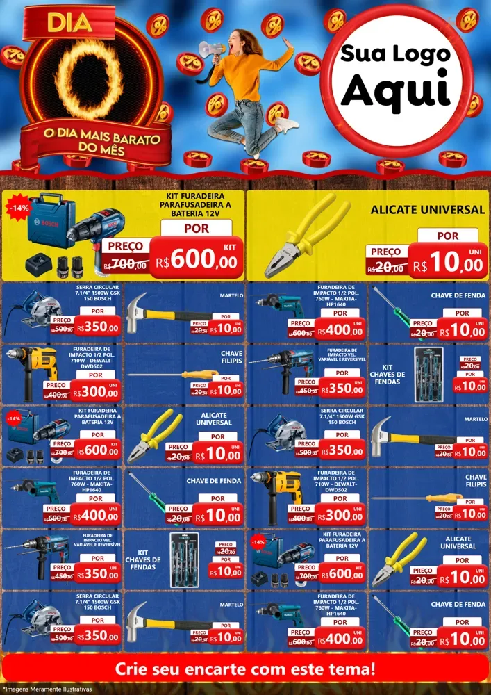 Modelo de Encarte para Encarte A4 Vertical com o tema Dia O - O Dia Mais Barato Do Mês para Maquinas e Ferramentas