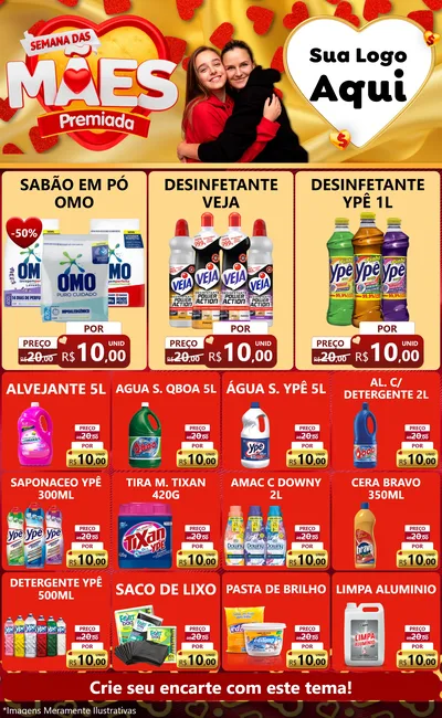 Modelo de Encarte para Encarte Grande com o tema Semana das Mães Premiada para Produtos de Limpeza