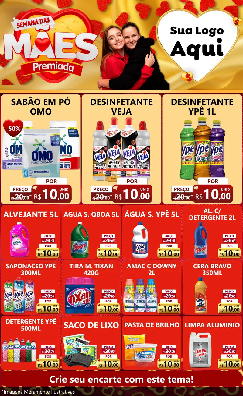 Modelo de Encarte para Encarte Grande com o tema Semana das Mães Premiada para Produtos de Limpeza