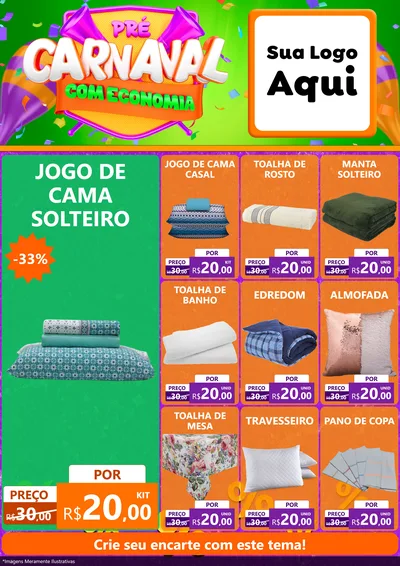 Modelo de Encarte para Encarte A4 Vertical com o tema Pré-Carnaval Com Economia para Cama, Mesa e Banho