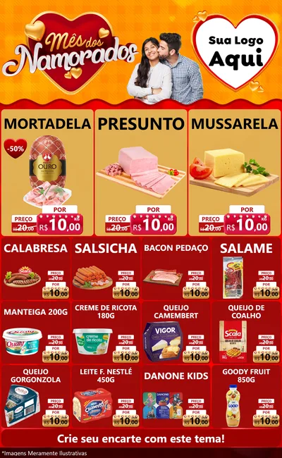 Modelo de Encarte para Encarte Grande com o tema Mês dos Namorados para Frios e Laticínios