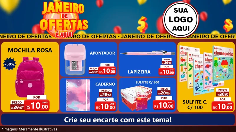 Modelo de TV para TV Horizontal com o tema Janeiro de Ofertas É Aqui! para Papelaria