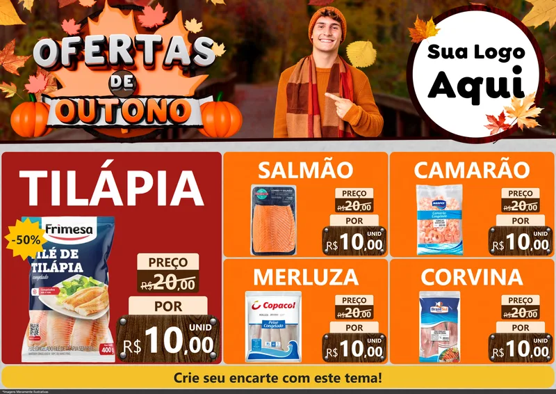 Modelo de Encarte para Encarte A4 Horizontal com o tema Ofertas de Outono para Peixaria