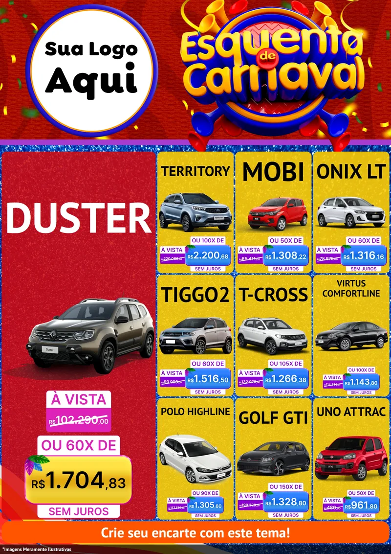 Modelo de Encarte para Encarte A4 Vertical com o tema Esquenta de Carnaval para Concessionaria de Carros