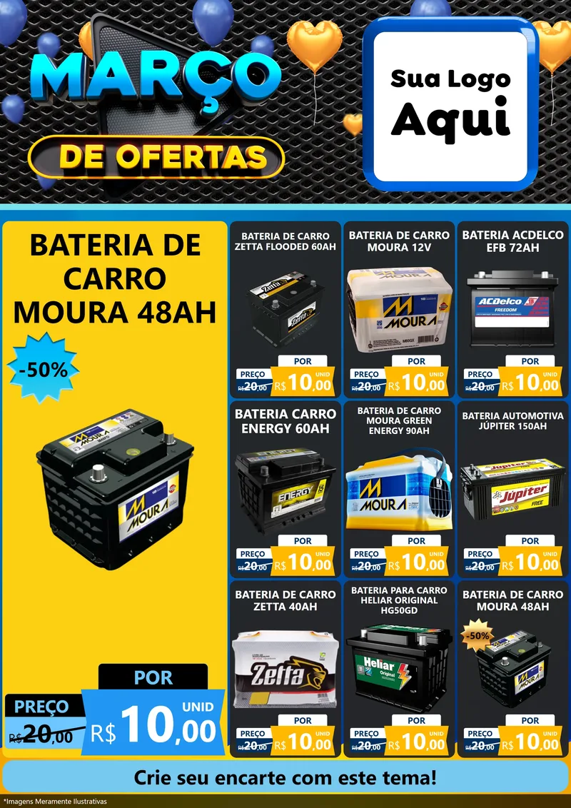 Modelo de Encarte para Encarte A4 Vertical com o tema Março de Ofertas para Baterias Elétricas