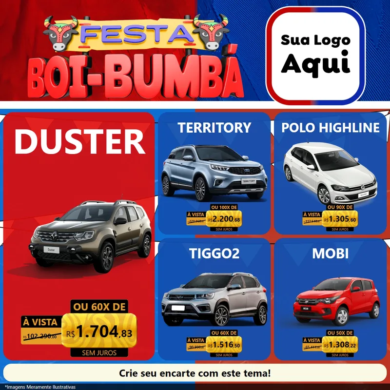 Modelo de Rede Social para Feed Facebook com o tema Festa Boi Bumbá para Concessionaria de Carros