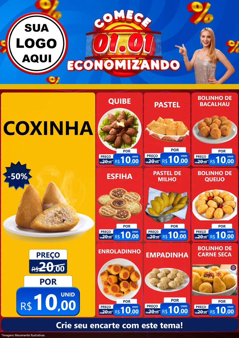 Modelo de Encarte para Encarte A4 Vertical com o tema Comece 1º de Janeiro Economizando para Salgadaria