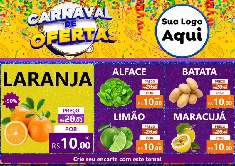 Modelo de Encarte para Encarte A4 Horizontal com o tema Carnaval de Ofertas para Hortifrúti