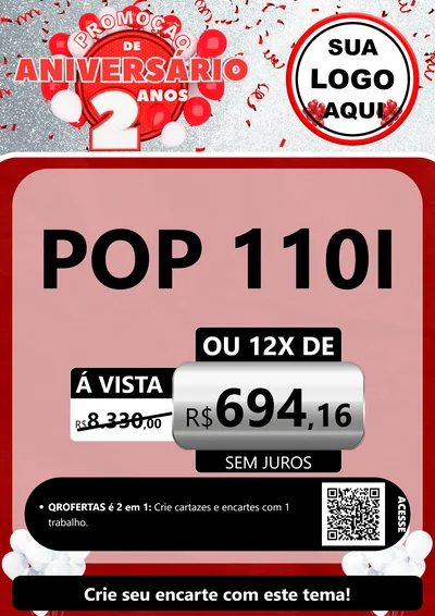 Modelo de Cartaz para Cartaz A4 Vertical com o tema Promoção de Aniversário - 2 Anos para Concessionaria de Motos