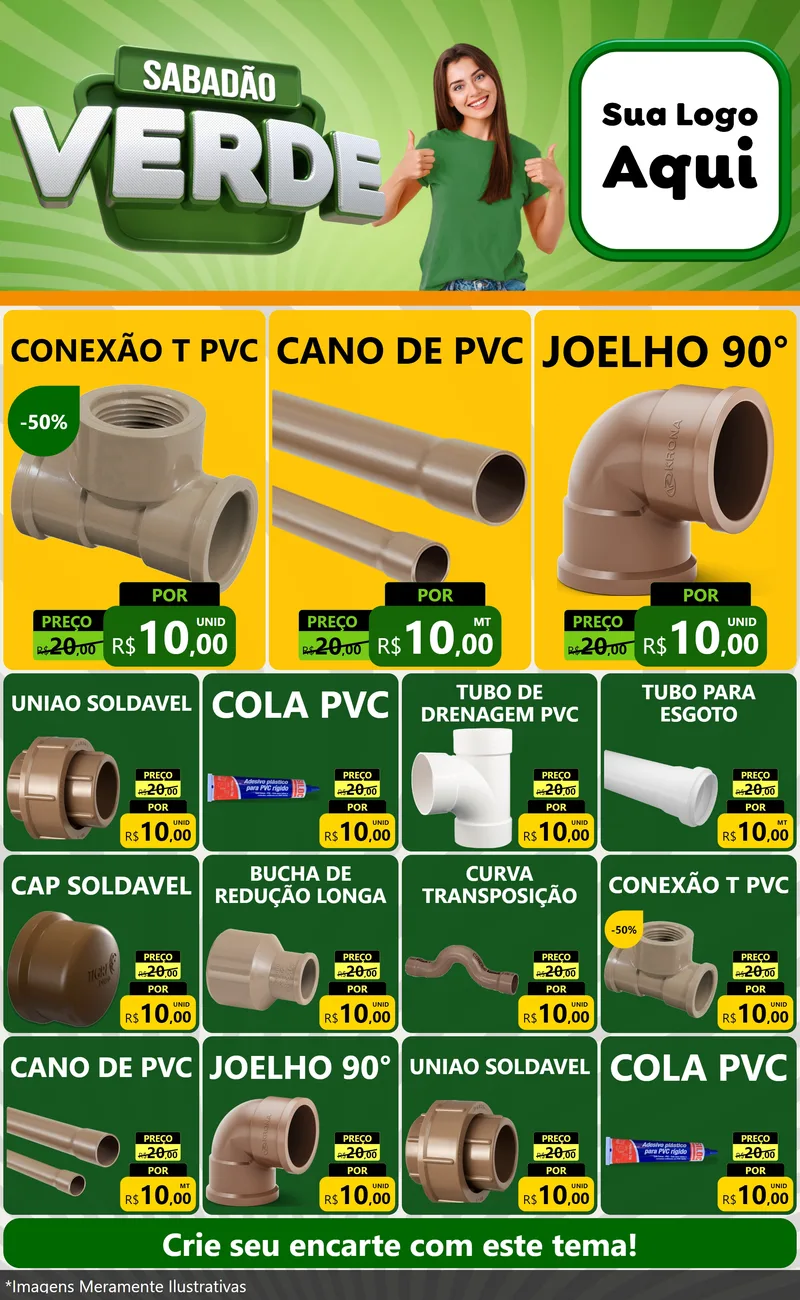 Modelo de Encarte para Encarte Grande com o tema Sabadão Verde para Tubos e conexões