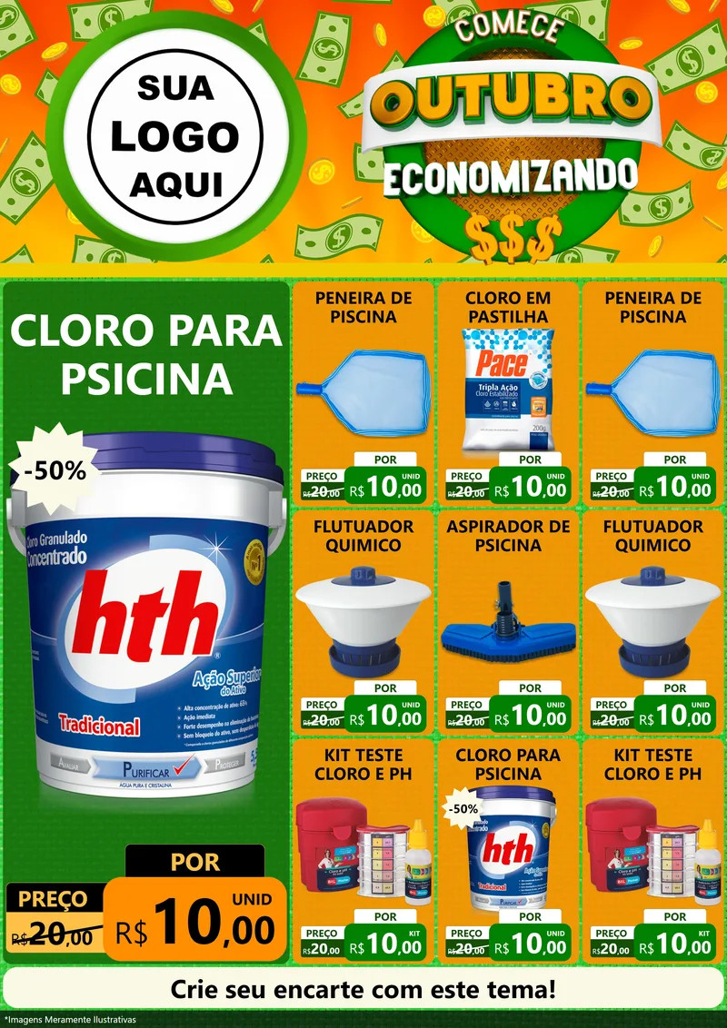 Modelo de Encarte para Encarte A4 Vertical com o tema Comece Outubro Economizando para Produtos para Piscina
