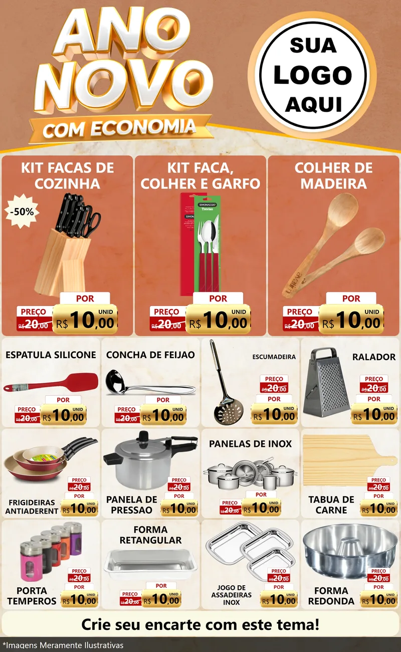 Modelo de Encarte para Encarte Grande com o tema Ano Novo Com Economia para Utilidades Domésticas