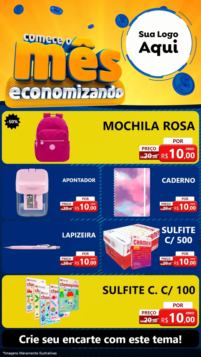 Modelo de TV para TV Vertical com o tema Comece O Mês Economizando para Papelaria