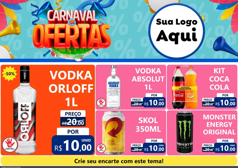Modelo de Encarte para Encarte A4 Horizontal com o tema Carnaval de Ofertas para Distribuidora de bebidas