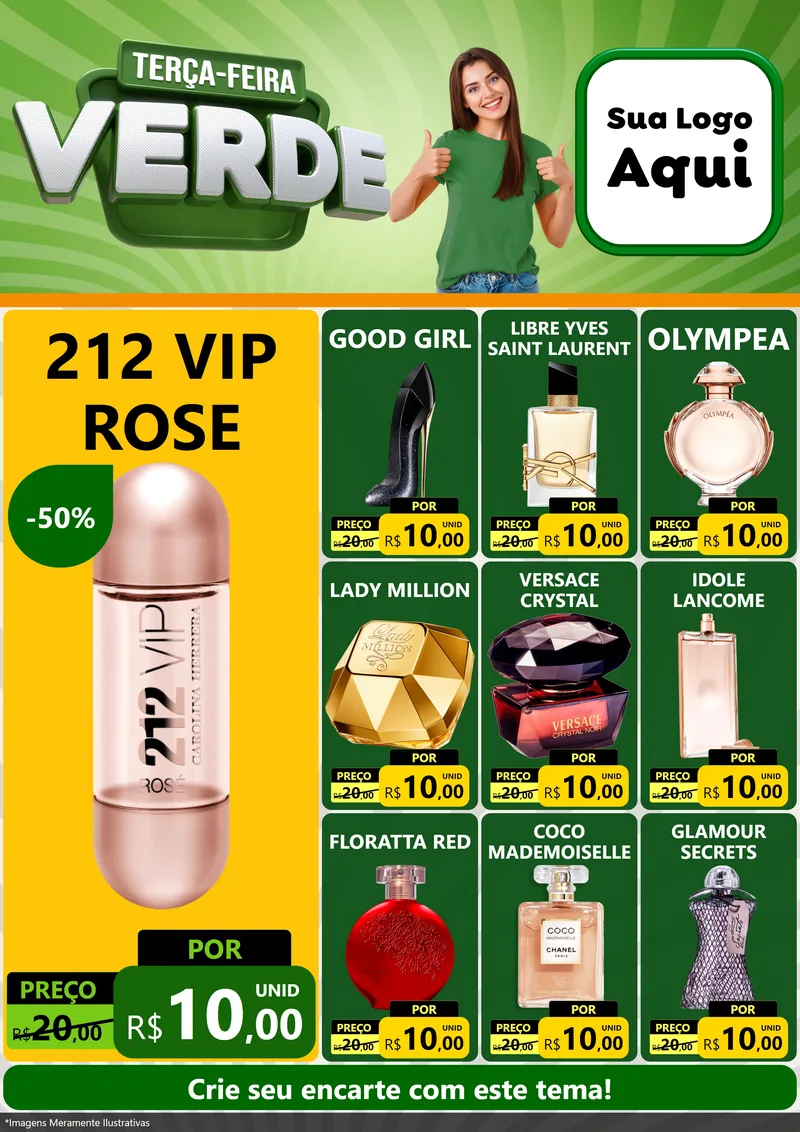 Modelo de Encarte para Encarte A4 Vertical com o tema Terça - Feira Verde para Perfumes