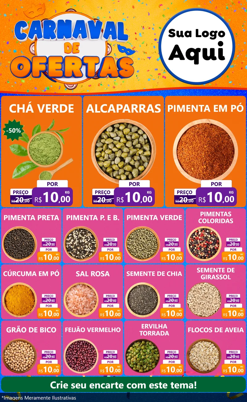 Modelo de Encarte para Encarte Grande com o tema Carnaval de Ofertas para Produtos Naturais
